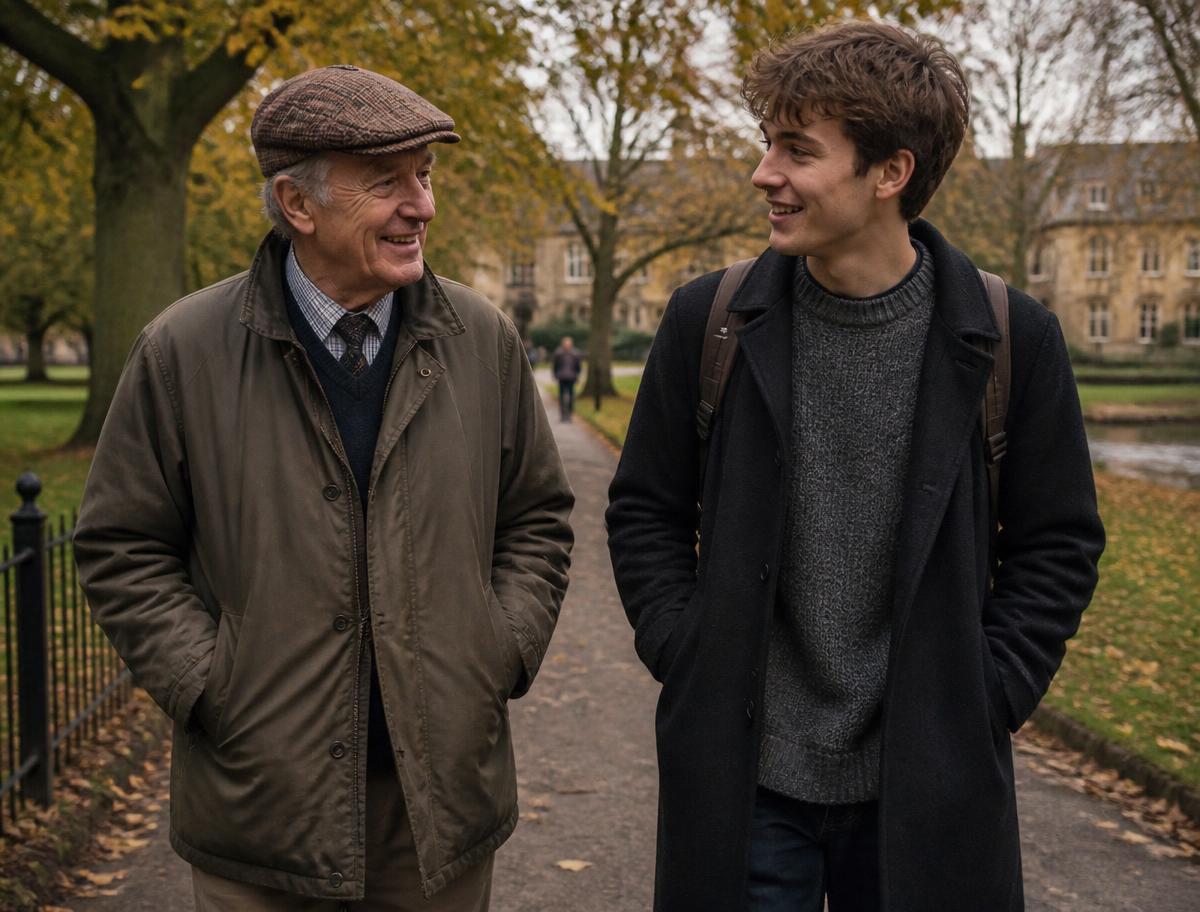 An older man and a university student companion walking and talking in a park