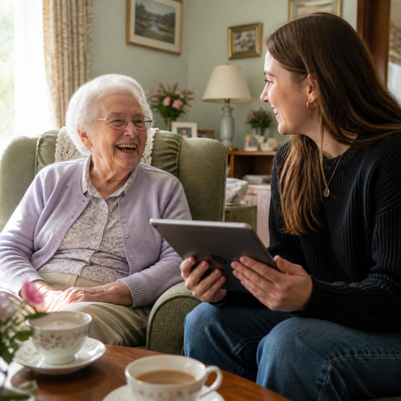 An older woman laughing with a university student companion in her living room
